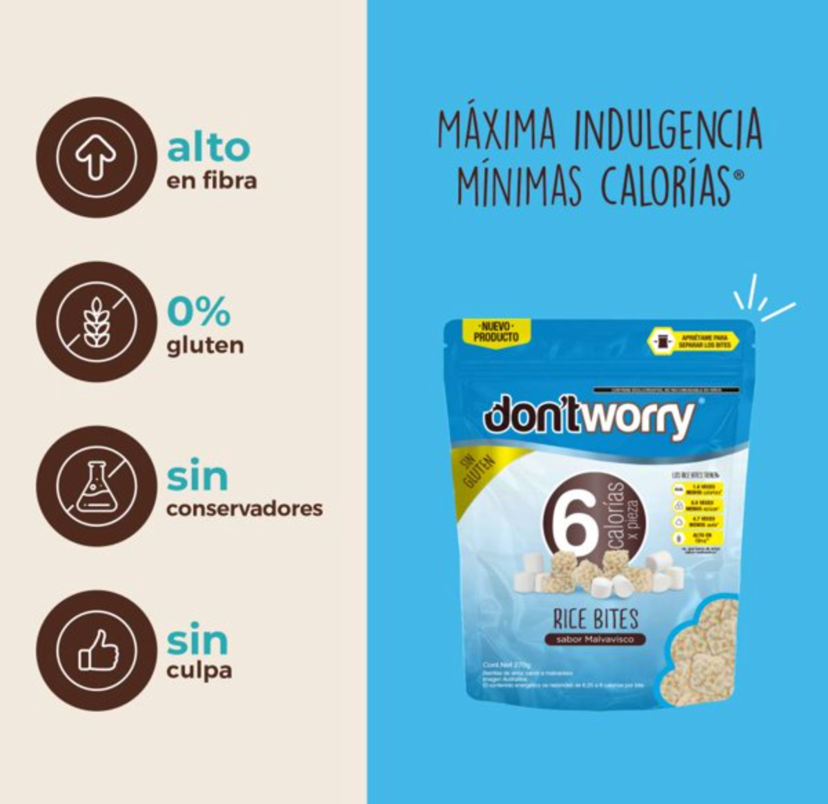 Bites de Arroz Inflado Don't Worry Rice Bite Sabor Malvavisco 270 g - .