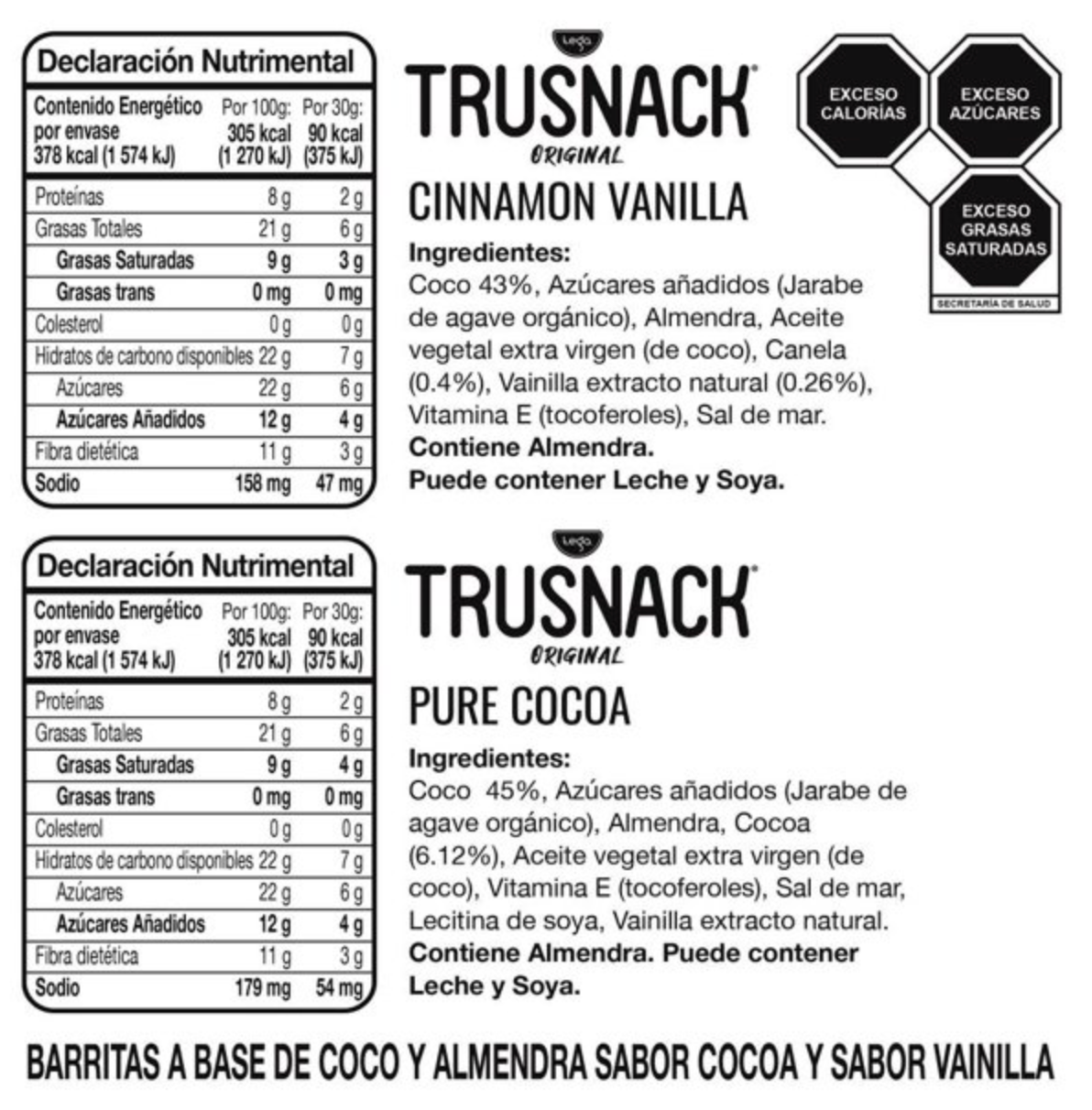 Barritas Trusnack Sabor Cocoa y Vainilla 15 pzas 30 g c/u - .