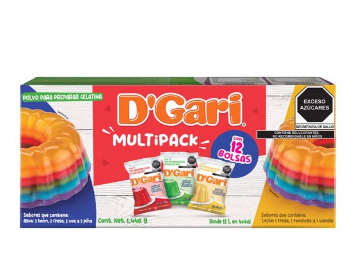 Polvo para Preparar Gelatina D'GARI Varios Sabores 12 pzas -.