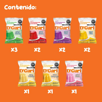 Polvo para Preparar Gelatina D'GARI Varios Sabores 12 pzas -.