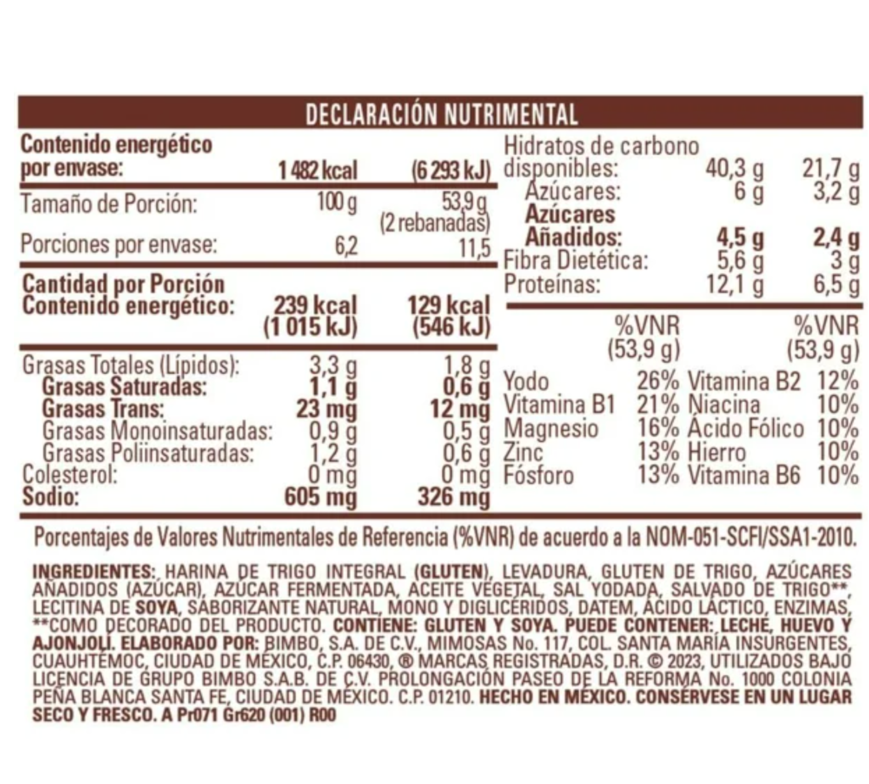 Pan de Caja Bimbo Integral 620 g -.