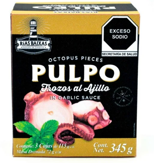 Pulpo al Ajillo Rías Baixas en Trozos 3 Latas de 115 g c/u - .