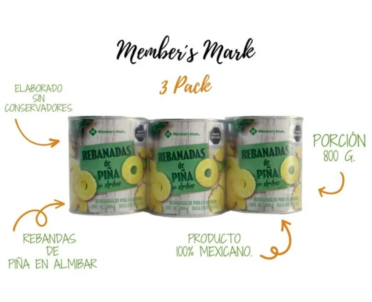 Piña en Almíbar Member's Mark en Rebanadas 3 Latas de 800 g c/u -.