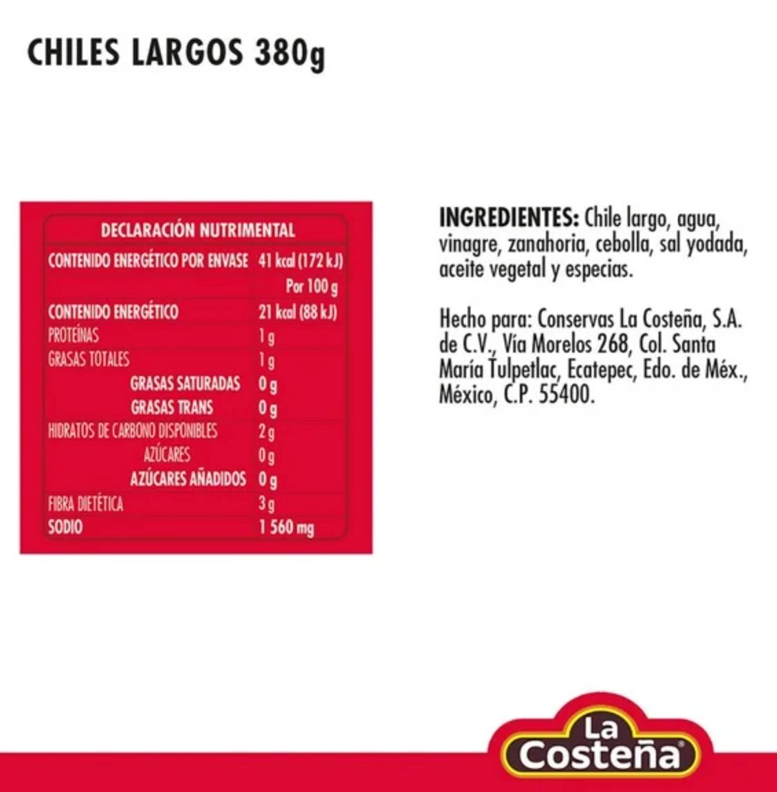 Chiles Largos La Costeña en Escabeche 3 pzas de 380 g c/u - .