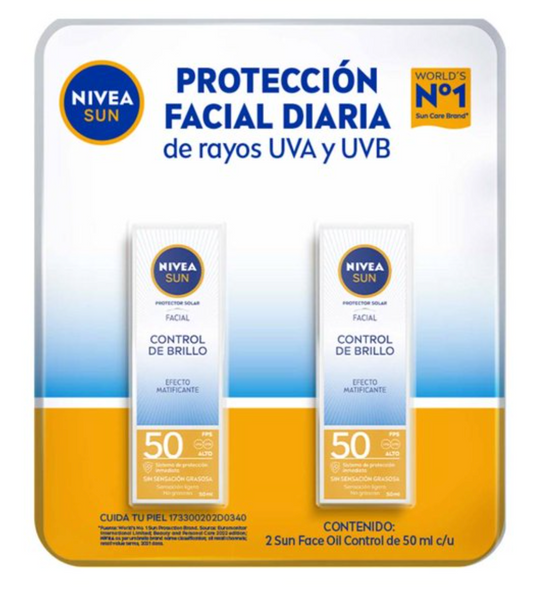 Protector Solar Facial Nivea Sun Control de Brillo Efecto Mate FPS50+ 2 pzas de 50 ml c/u - .