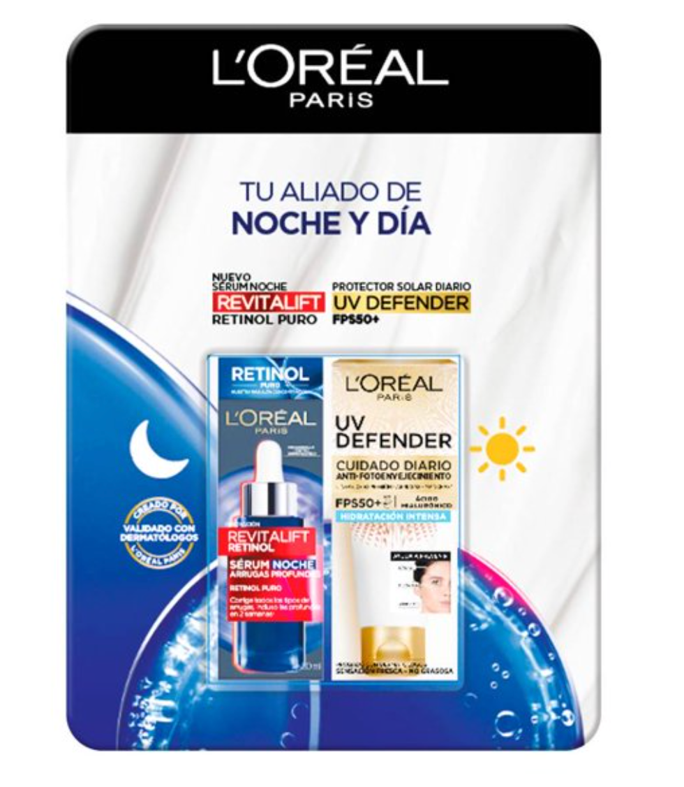 Rutina Noche y Día L'Oréal Skin Serum Retinol Puro + Protector Solar UV Defender FPS 50+ - .