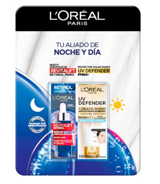 Rutina Noche y Día L'Oréal Skin Serum Retinol Puro + Protector Solar UV Defender FPS 50+ - .