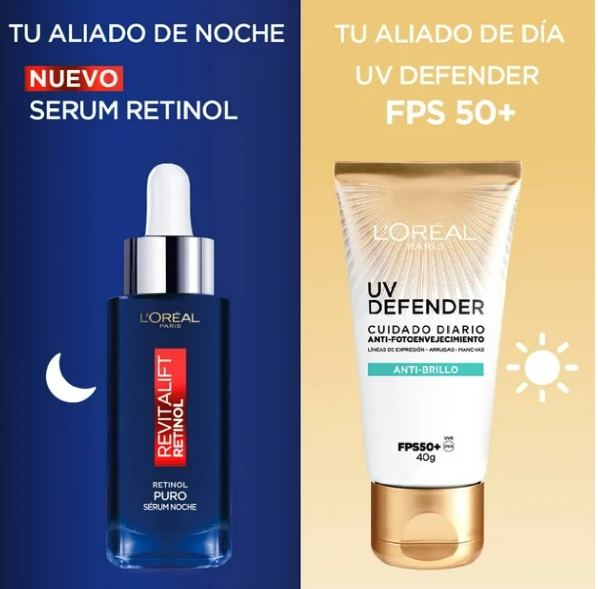 Rutina Noche y Día L'Oréal Skin Serum Retinol Puro + Protector Solar UV Defender FPS 50+ - .
