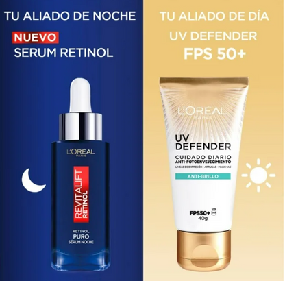 Rutina Noche y Día L'Oréal Skin Serum Retinol Puro + Protector Solar UV Defender FPS 50+ - .
