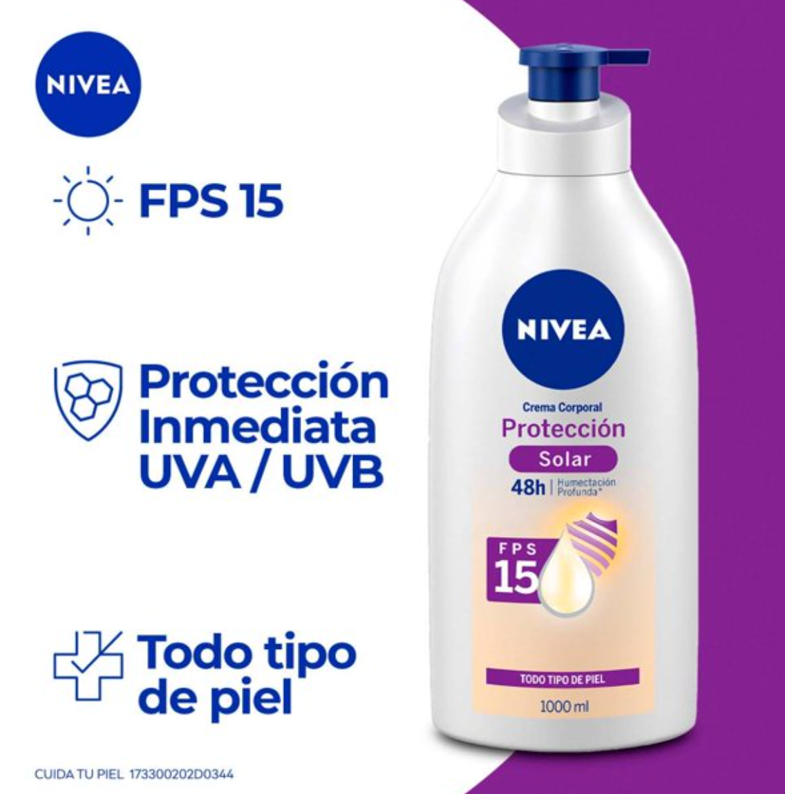 Crema Corporal Nivea Protección Solar con Vitamina E FPS15 Todo Tipo de Piel 1 l - .