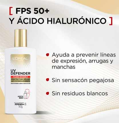 Protector Solar L'Oréal UV Defender Fluido Invisible Anti-Fotoenvejecimiento 2 Pack 40 g c/u - .