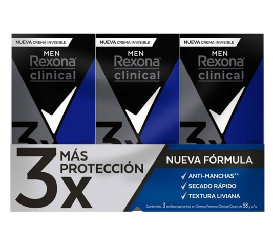 Antitranspirante en Crema Rexona Clinical Classic 3 pzas de 58 g c/u - .