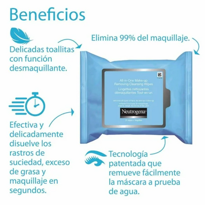 Toallitas Desmaquillantes Neutrogena 4 Paquetes con 25 pzs c/u - .