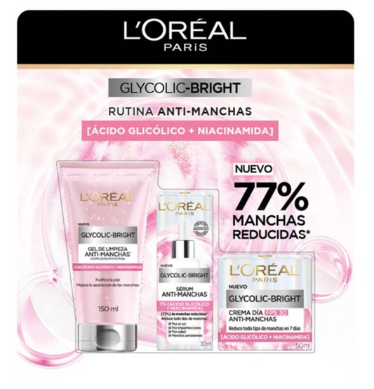 Rutina Anti-Manchas L'Oréal Glycolic Bright Gel 150 ml + Serum 30 ml + Crema 50 ml - .