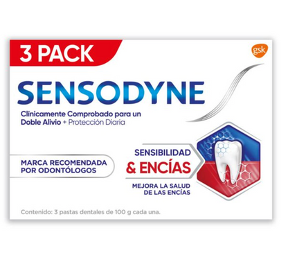 Pasta Dental Sensodyne Sensibilidad Y Encías Regular para un Doble Alivio 3 pzas de 100 g c/u - .