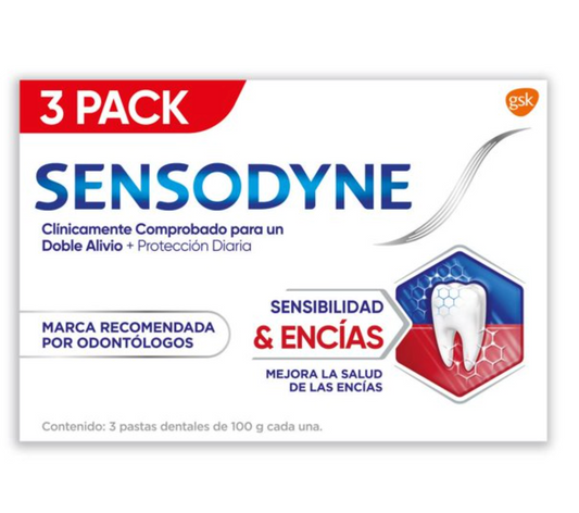 Pasta Dental Sensodyne Sensibilidad Y Encías Regular para un Doble Alivio 3 pzas de 100 g c/u - .