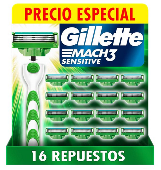 Cartucho de Rastrillo Gillette Mach3 Mach3 Sensitive con Aloe, Piel Sensible, 16 pzas -.