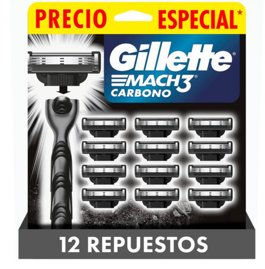 Repuesto Rastrillo de Afeitar Gillette Mach3 Mach3 con Carbón Activado 12 pzas - .