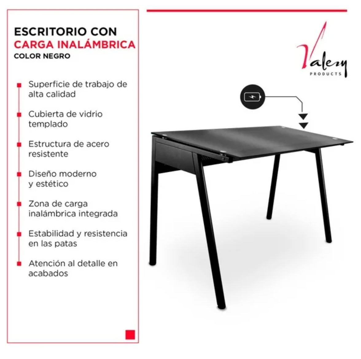 Escritorio Valery Products Premium con Carga Inalámbrica Negro - .