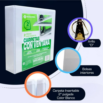 Set de Carpetas Member's Mark de 2 Pulgadas con Ventana Blanco 2 pzas - .