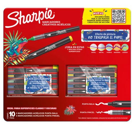 Set de Marcadores Acrílicos Sharpie 5 Punta Bala + 5 Punta Pincel - .