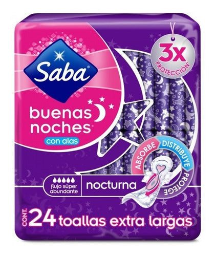 Media Caja Toalla Femenina Saba Buenas Noches Con Alas Flujo Super Abundante 24T/3P