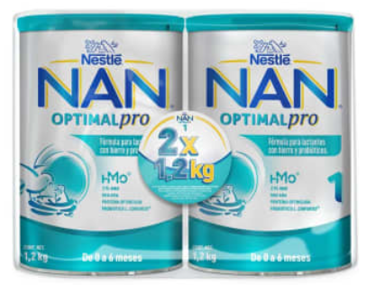 Fórmula Infantil NAN Optimal Pro 1 con 2 Latas de 1.2 kg c/u- K