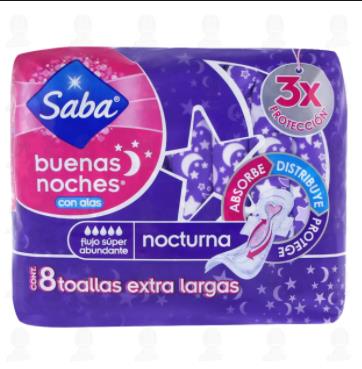 Media Caja Toalla Femenina Saba Buenas Noches Con Alas Flujo Super Abundante 8T/7P